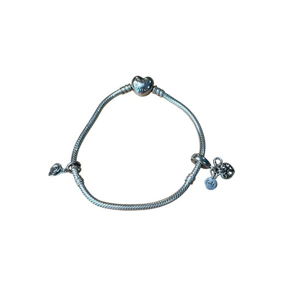 Pandora 925 Sterling Silver Bracelet with Rose Charm & Family Heart Dangle - Picture 12 of 12